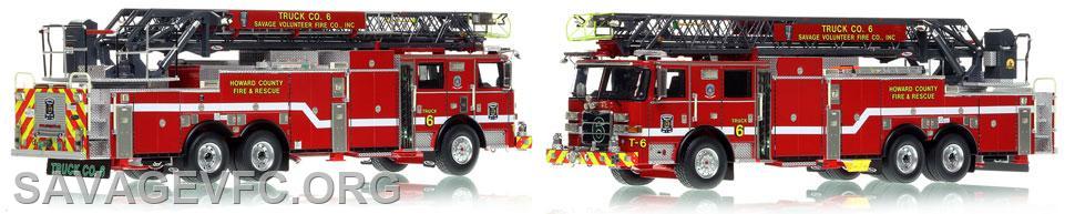 Howard County's first museum grade Pierce Arrow XT 105' Aerial.
From the stunning dark grey stainless steel ladder, to the individual bulb detail within each light, Savage Volunteer Truck 6 is a museum grade masterpiece. It is precisely engineered in 1:50 scale and measures 10 inches long.